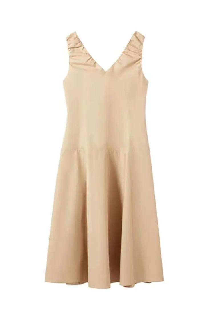 Naisten uusi khakivärinen toimistomekko, hihaton V-pääntie